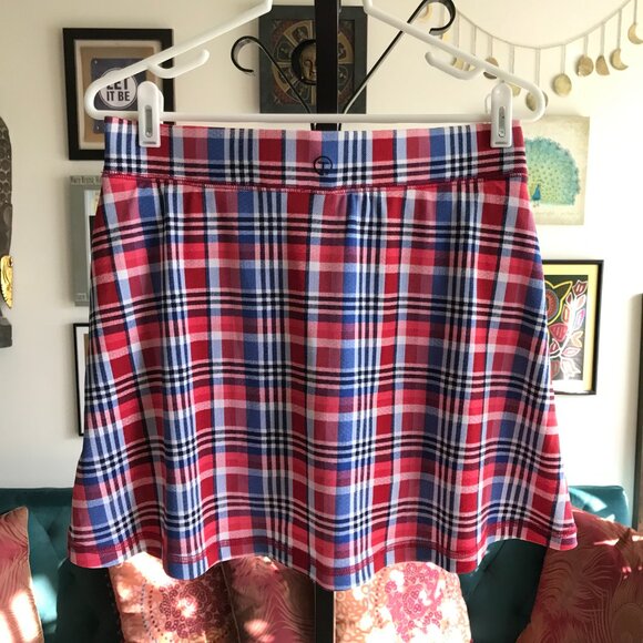 T by TALBOTS size S Stretch Red & Blue Plaid Pull-On Skort Skirt Built In Shorts - Picture 3 of 5
